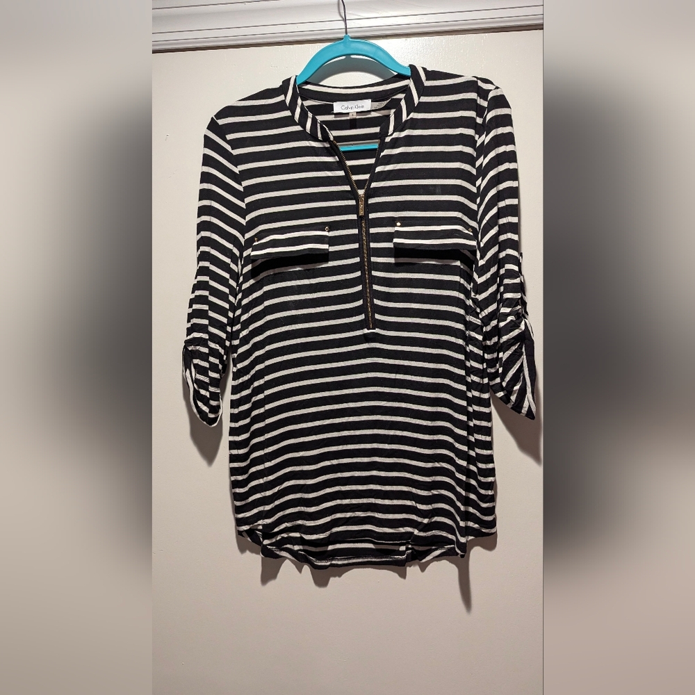 Calvin Klein Black and White Striped Button Down Shirt